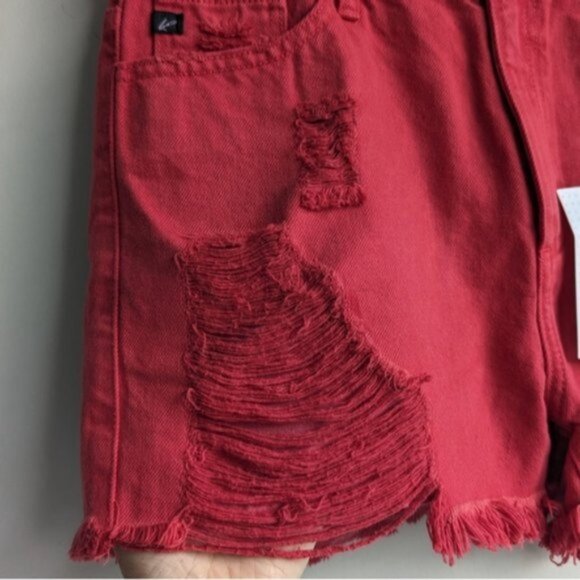 KanCan red distressed 100% cotton high rise denim shorts - Picture 2 of 7